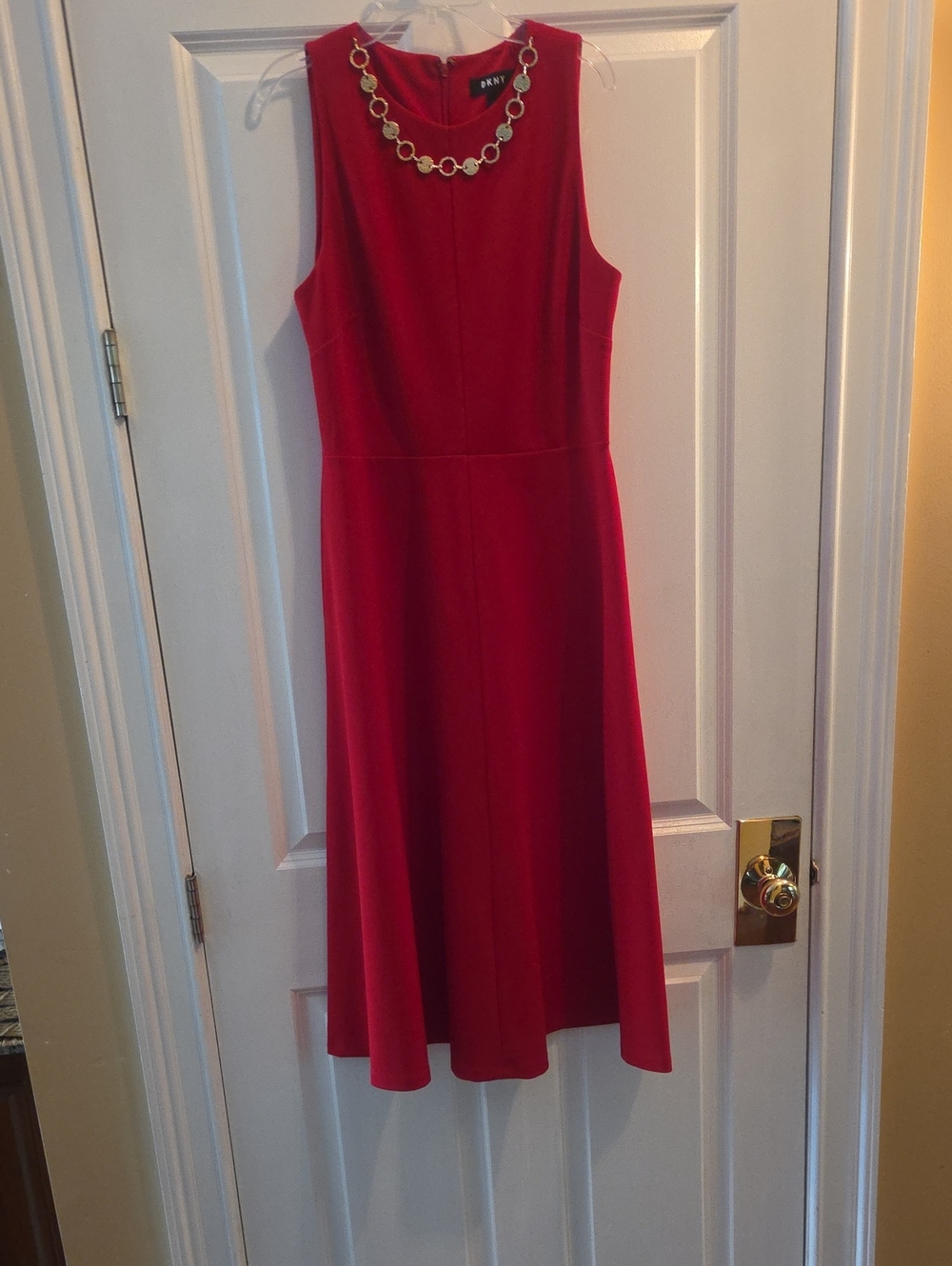 DKNY Red Sleeveless Midi Dress with Chain Necklace Accent